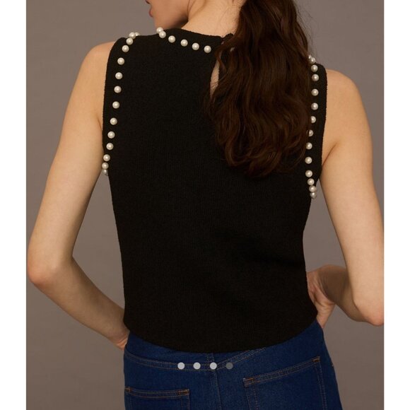 Anthropologie Pearl-Trim Black Sweater Tank Top M Cropped Sleeveless Knit Shell - Picture 2 of 10